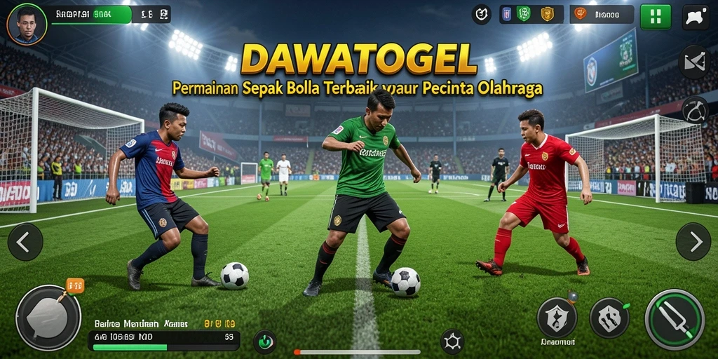Screenshot utama DAWATOGEL menampilkan momen intens dalam pertandingan sepak bola.