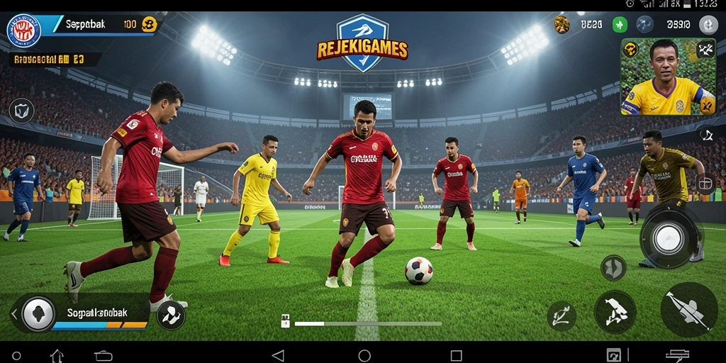 Tampilan gameplay seru dalam REJEKIGAMES yang menggambarkan pertandingan sepak bola.