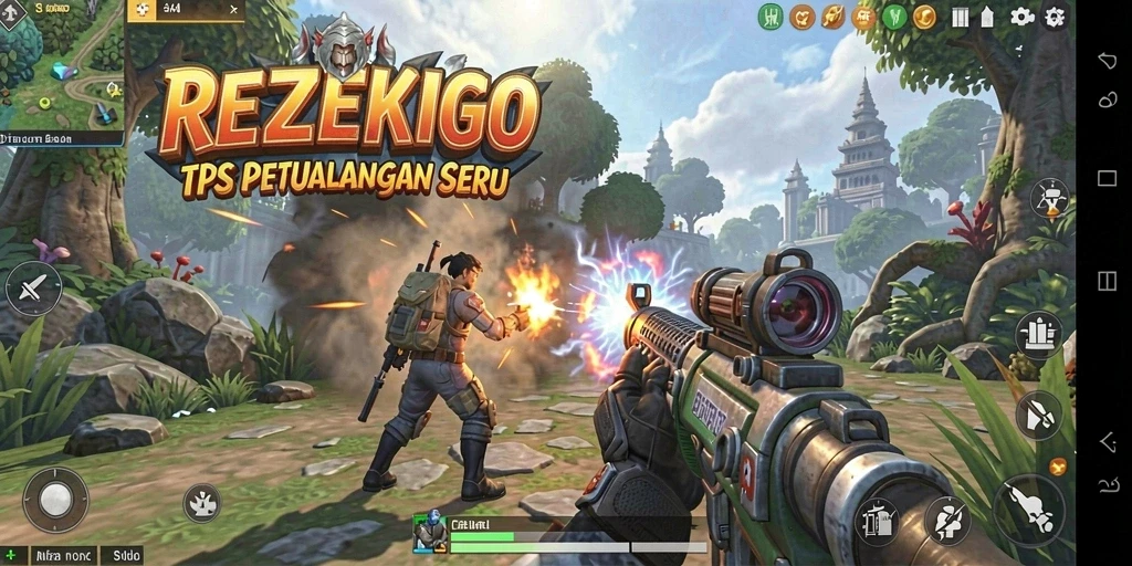 Tampilan aksi seru dalam gameplay <strong>REZEKIGO</strong> di lingkungan yang menantang.