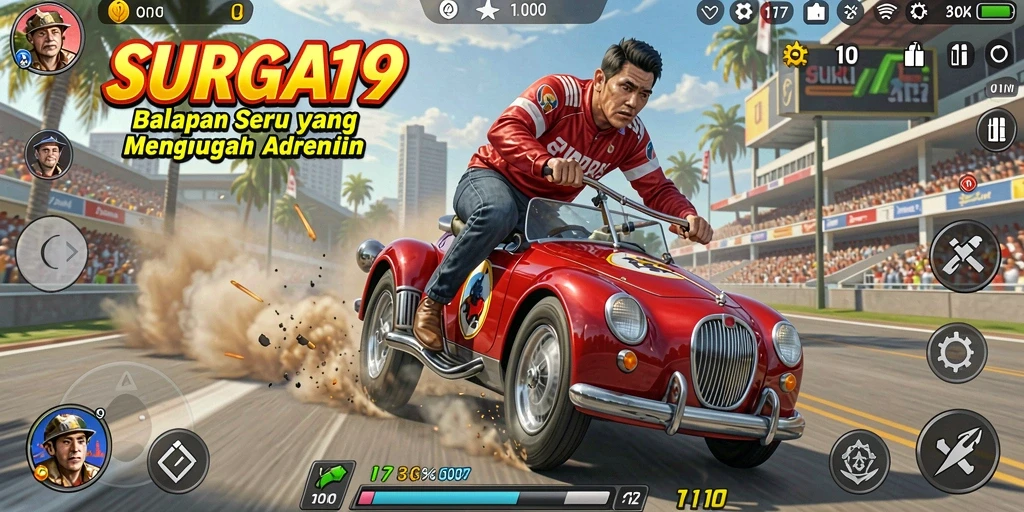 Screenshot gameplay SURGA19 yang menunjukkan balapan seru dengan mobil cepat.
